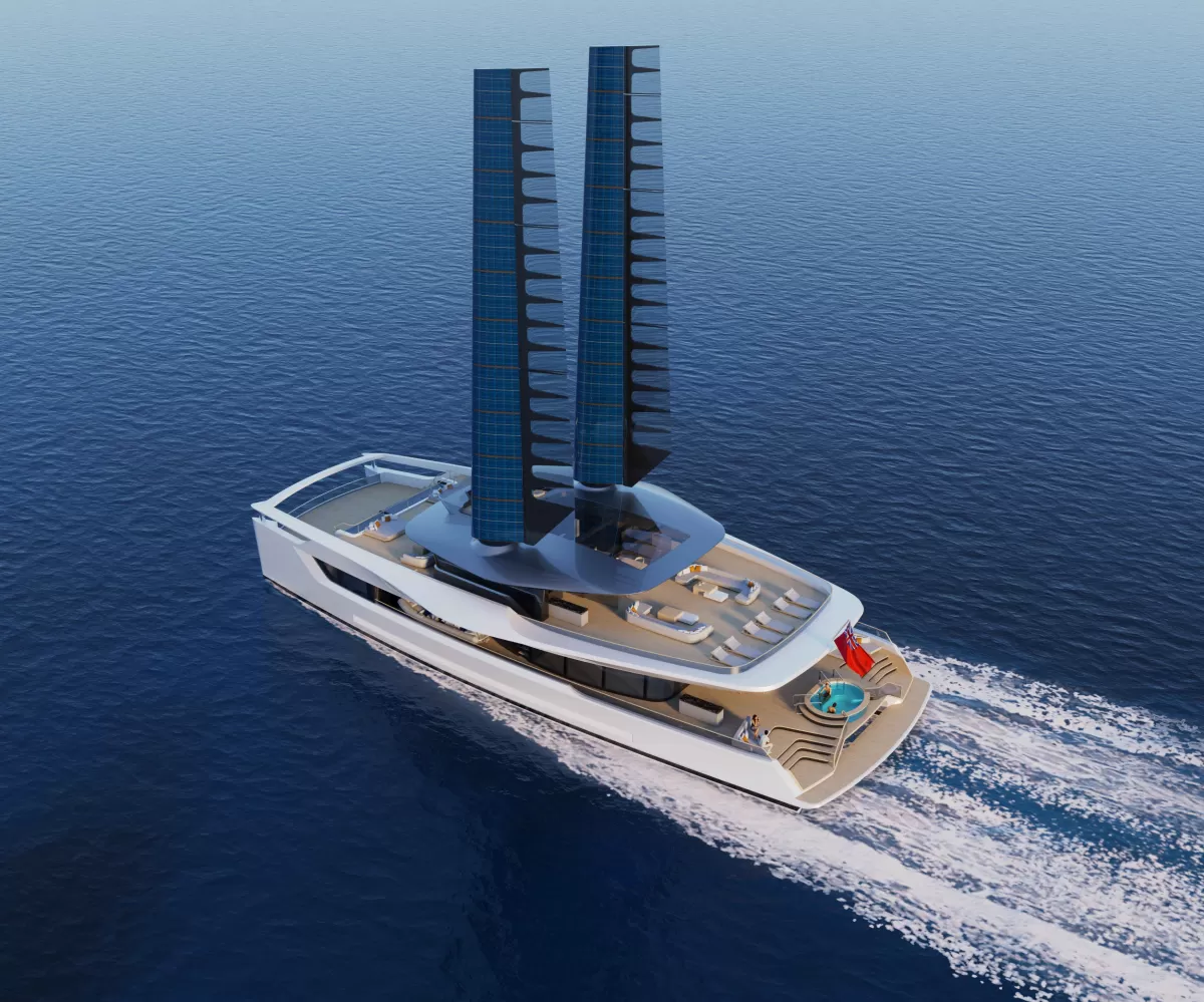 Deck styling: “Sleek deck styling of Dixon Yacht Design catamaran”