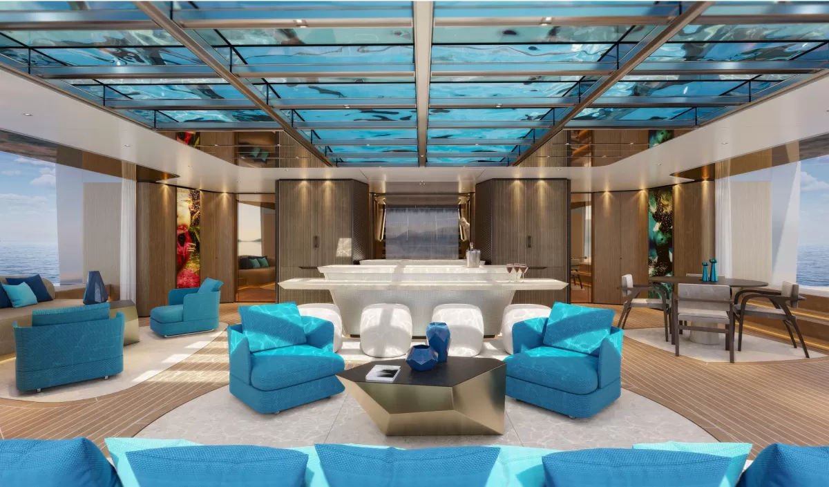 Owner’s deck aboard the Sanlorenzo 74Steel featuring a luxurious full-beam cabin with panoramic sea views, private lounge, and spa-inspired ensuite bathroom.