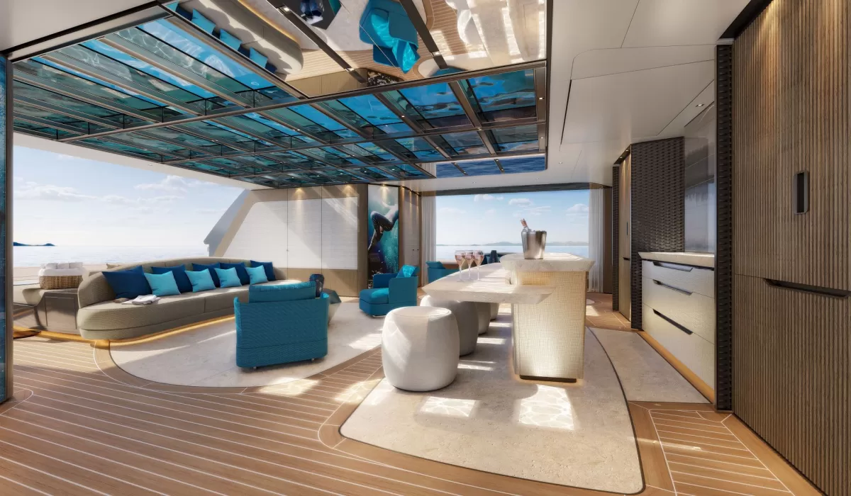Elegant owner’s deck on the Sanlorenzo 74Steel with a spacious master cabin, floor-to-ceiling windows, private terrace, and refined contemporary design.