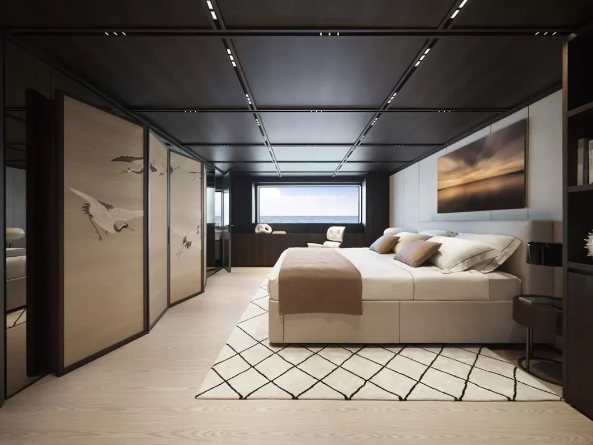 Owner’s master cabin aboard Sanlorenzo 58Steel
