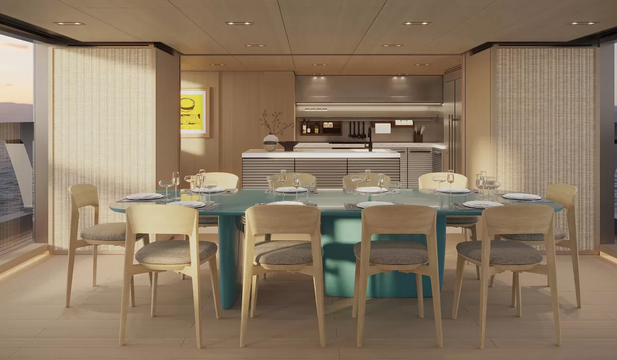 Benetti Neos main deck dining area