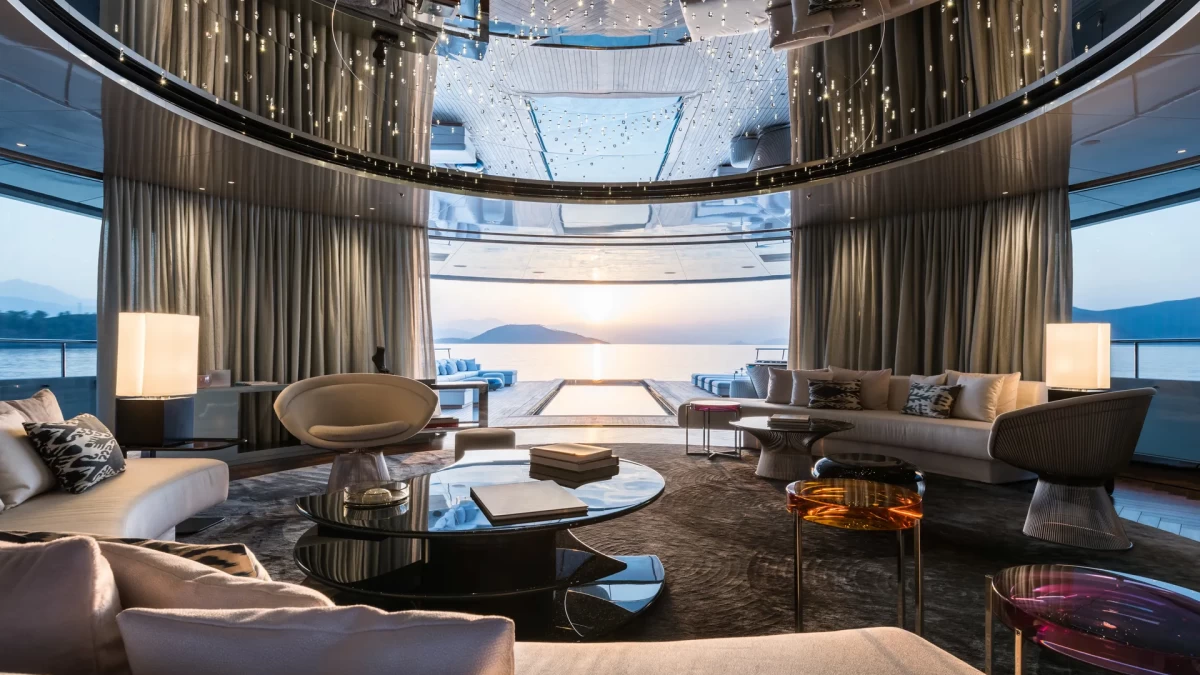 Main salon of the Feadship superyacht Savannah, featured as The Aurora Borealis in Netflix’s thriller The Woman in Cabin 10