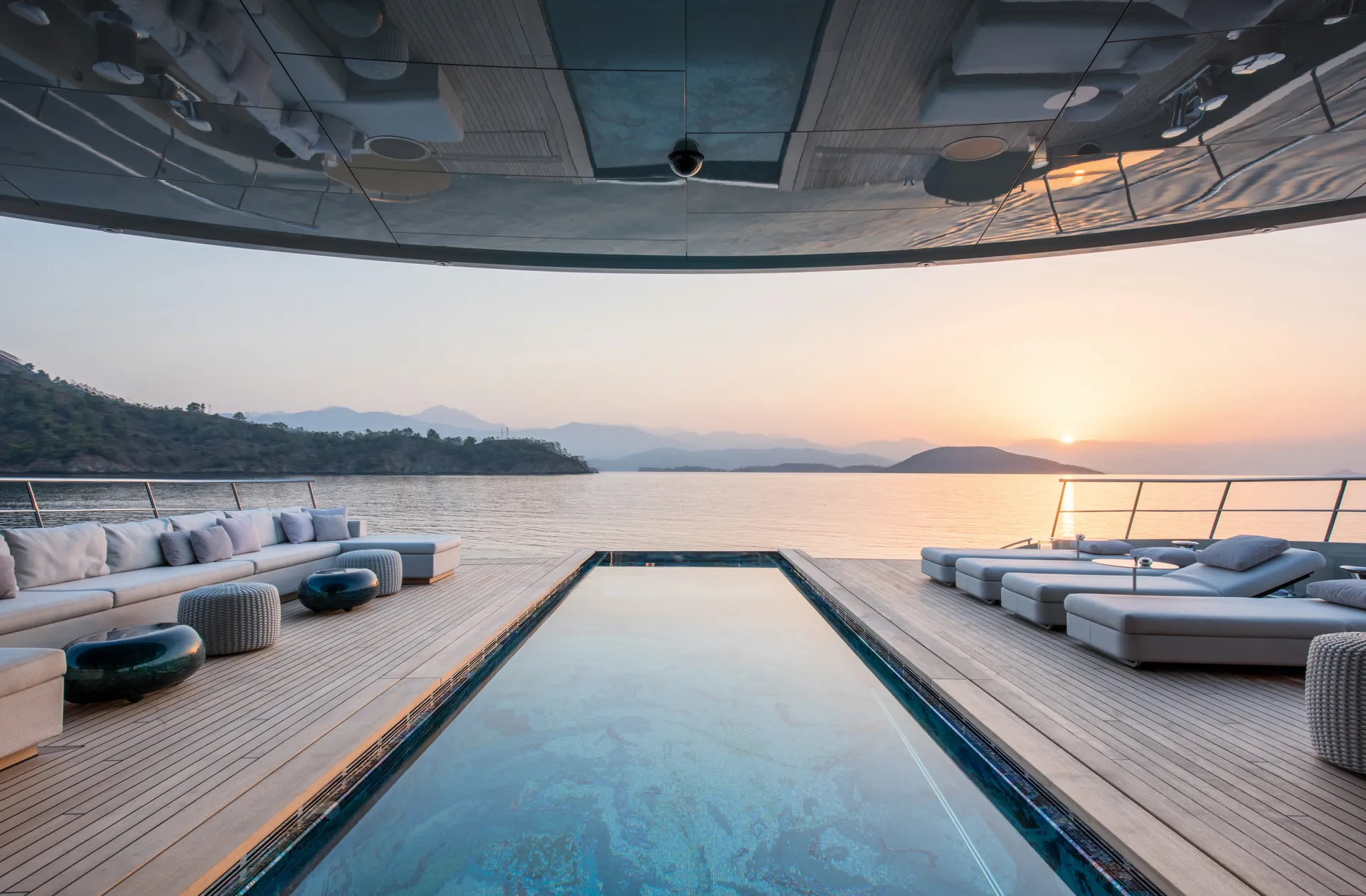 Nine-metre swimming pool on the aft deck of the Feadship superyacht Savannah, blending luxury design with seamless sea views