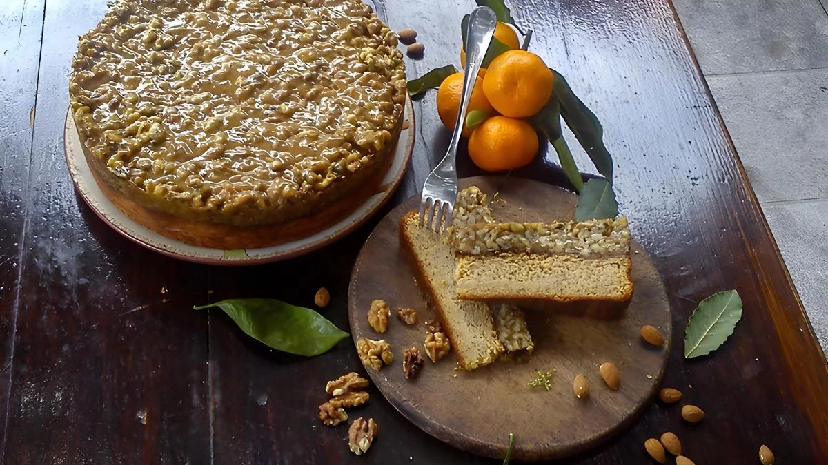 Traditional Croatian food Hrapoćuša cake from Brač Island, crunchy walnut dessert protected as cultural heritage
