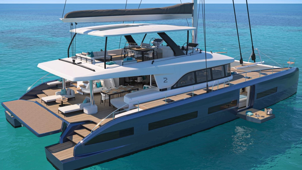 Lagoon 82 luxury sailing catamaran cruising on the open sea — elegant design, spacious flybridge, and modern lines reflecting comfort and performance