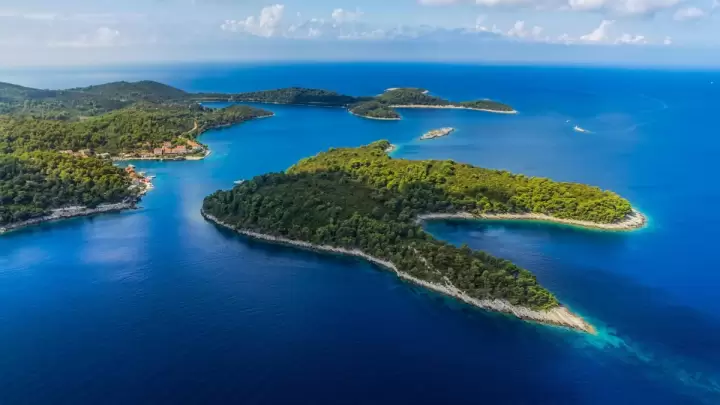 Aerial view Pomena bay on island of Mljet