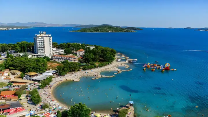 Aerial view of Vodice, a lively coastal town on the Adriatic Sea in Croatia