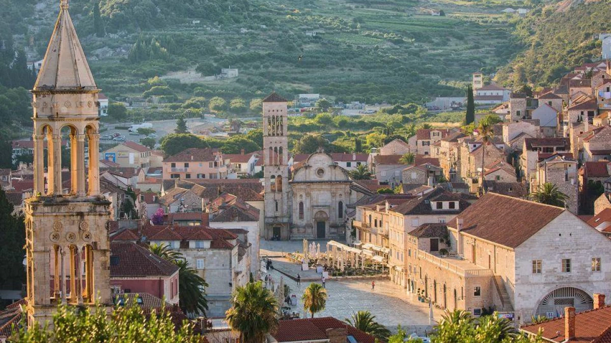 Aerial view of Hvar Town, Croatia, showing the stone buildings with red rooftops