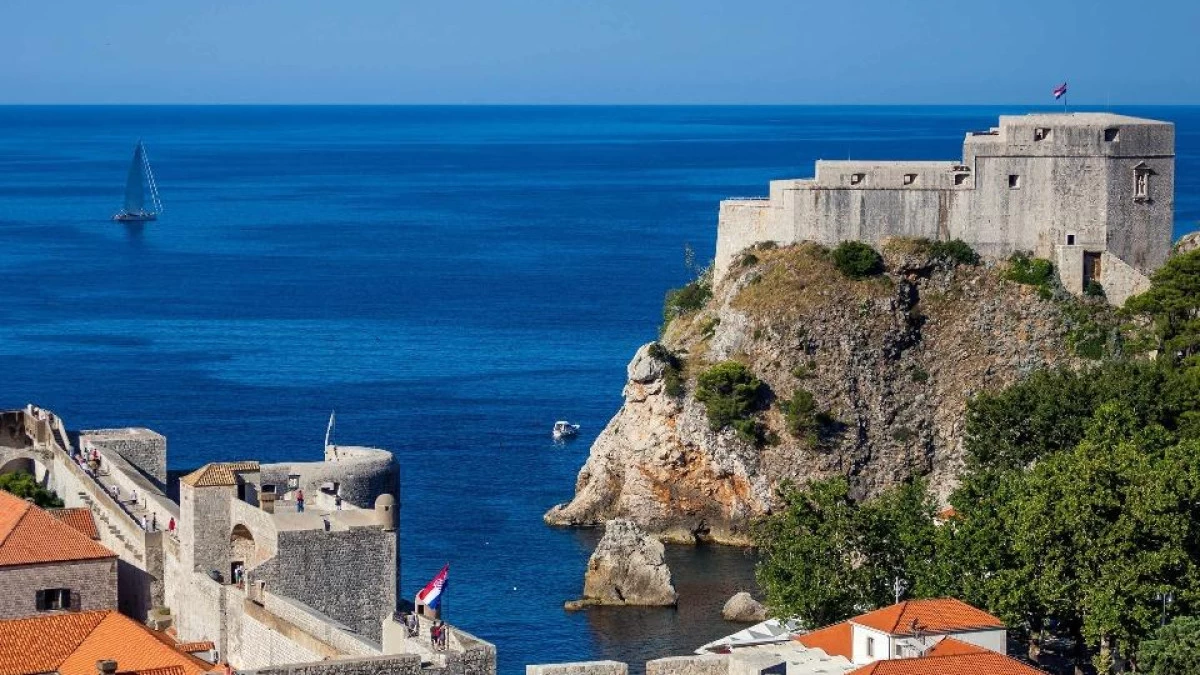 Aerial view of Fort Lovrijenac in Dubrovnik, Croatia, overlooking the Adriatic Sea and the city’s ancient stone walls.