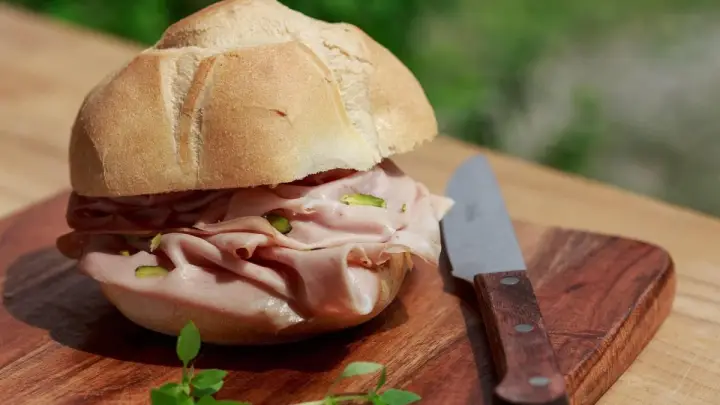 Italian-style mortadella sandwich with cheese, served as an easy yacht snack in Croatia
