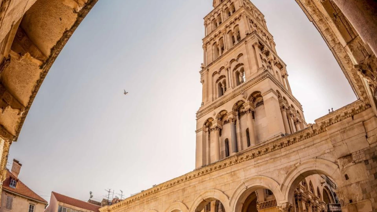 Aerial view of Saint Duje Cathedral in Split, Croatia, with the bell tower rising above Diocletian’s Palace